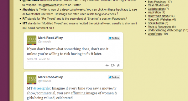 Screenshot displaying embedded tweets on mrwweb.com