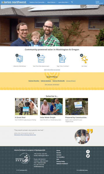 The new home page explains the Solarize Northwest process, lists current campaigns, and shows a testimonial from a previous solarize campaign participant.