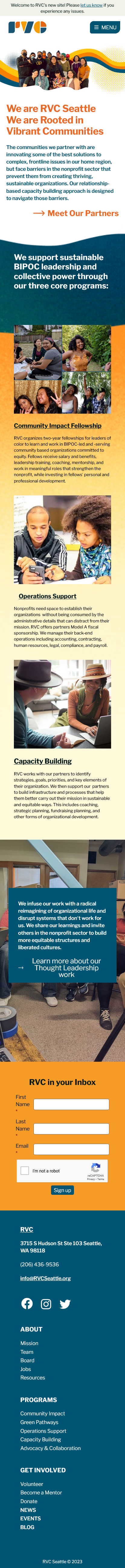RVC full home page screenshot on small screens: The content is the same as on large screens but the menu is collapsed into a single "Menu" toggle button