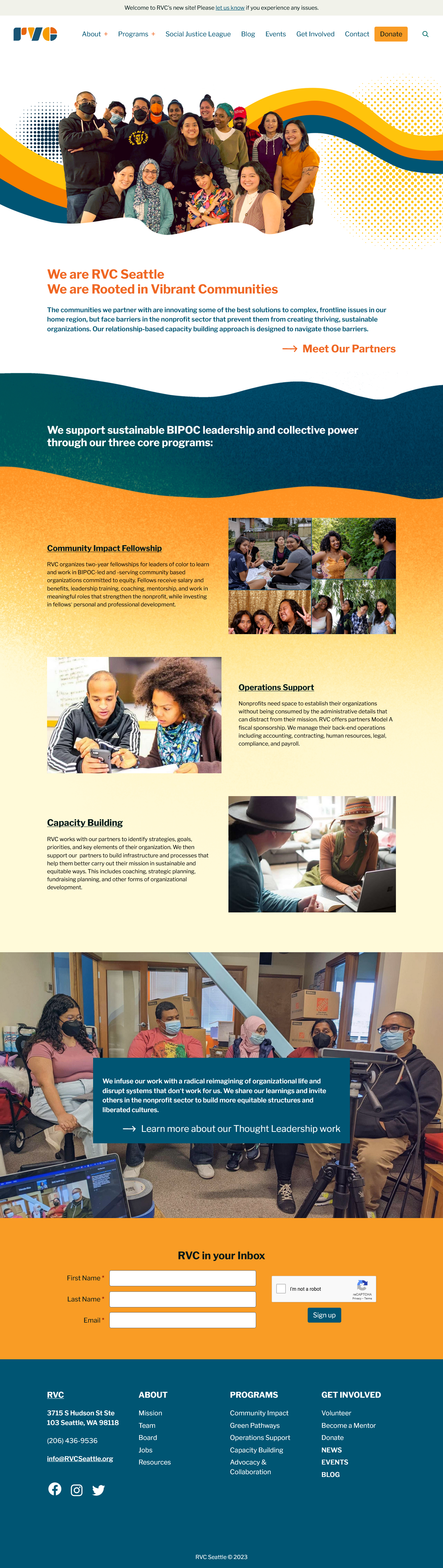 RVC full home page screenshot: A hero image showing staff in front of colorfull design, text about RVC's mission and vision, 3 photo-and-text sections about the primary programs of rvc, and a full-width image featuring RVC's thought leadership work