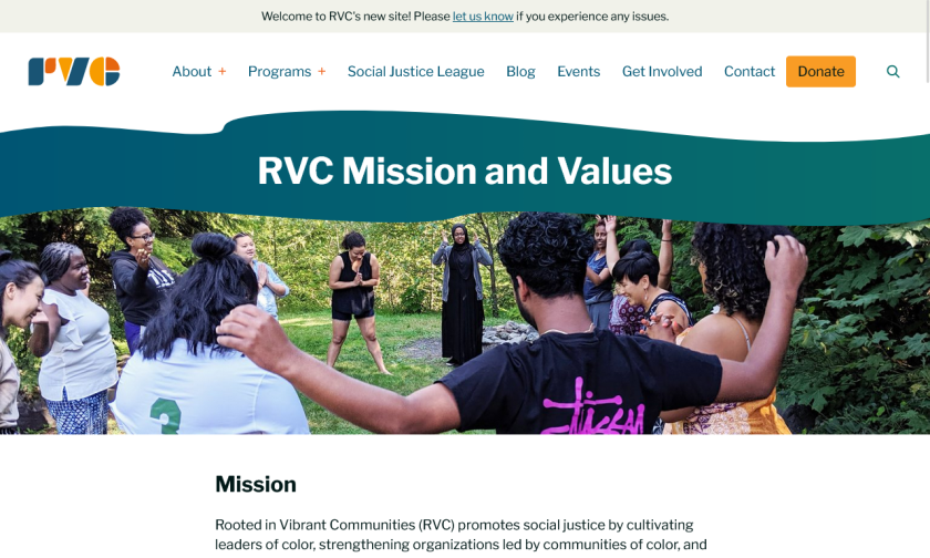 The new Mission & Values page simplifies the navigation, introduces a new site-wide announcement bar,  and stretches sections to be full-width with a irregular, flowing teal bar behind the site. Text is much larger to make the site easier to read.