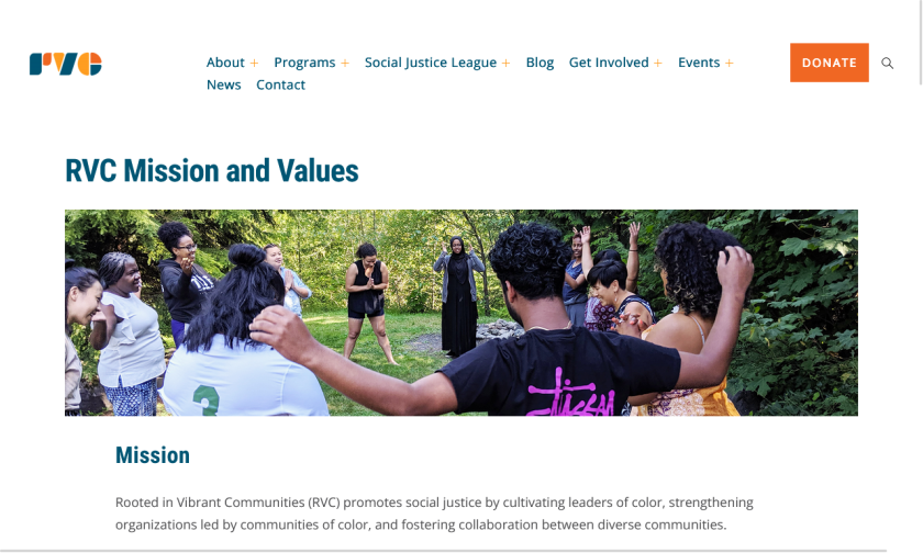 The old RVC Mission & Values page has a limited-width image, wrapped menu bar, and fairly small text