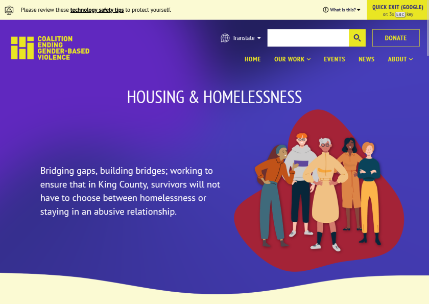Housing & Homelessness page opens with purply-blue background and illustration of 5 confident people behind an irregular red blob. The top section says "Bridging gaps, building bridges; working to ensure that in King County, survivors will not have to choose between homelessness or staying in an abusive relationship.
