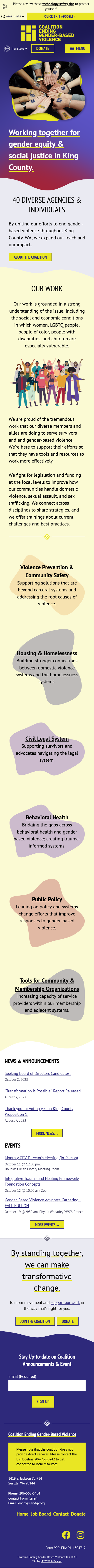 The EndGV.org full home page on small screens. The content is identical to desktop, but the main menu is collapsed and all content appears in a single column.