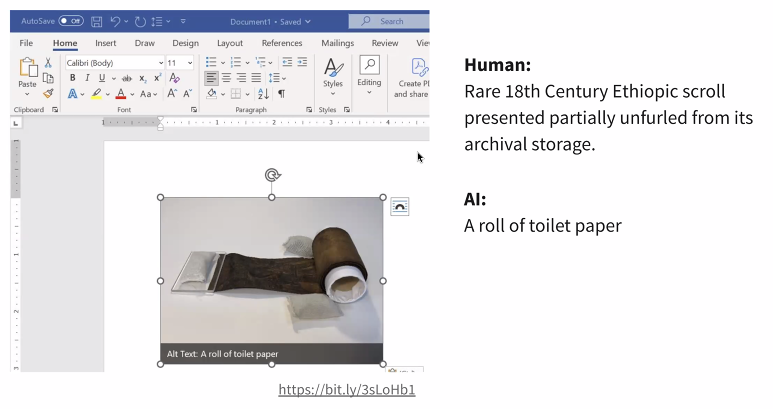 Alt text comparison. Human wrote: "Rare 18th Century Ethiopic scroll
presented partially unfurled from its
archival storage." AI wrote: "A roll of toilet paper."