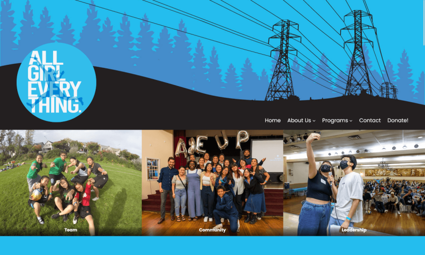 The AGE UP home page has a large blue banner of an illustration of power lines and towers on a hillside with evergreens in the background. Below the banner, logo, and menu are three pictures showing a team of ultimate players, a group at a large indoor event, and two friends taking a selfie.