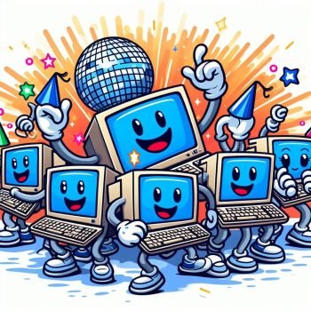 Illustration of 6 very bulky desktop computers with attached keyboards and blue screens with smiley faces gathered in front of a disco ball and outward-shooting orange stripes. There are way too many legs for this many computers since it is generated by an AI.