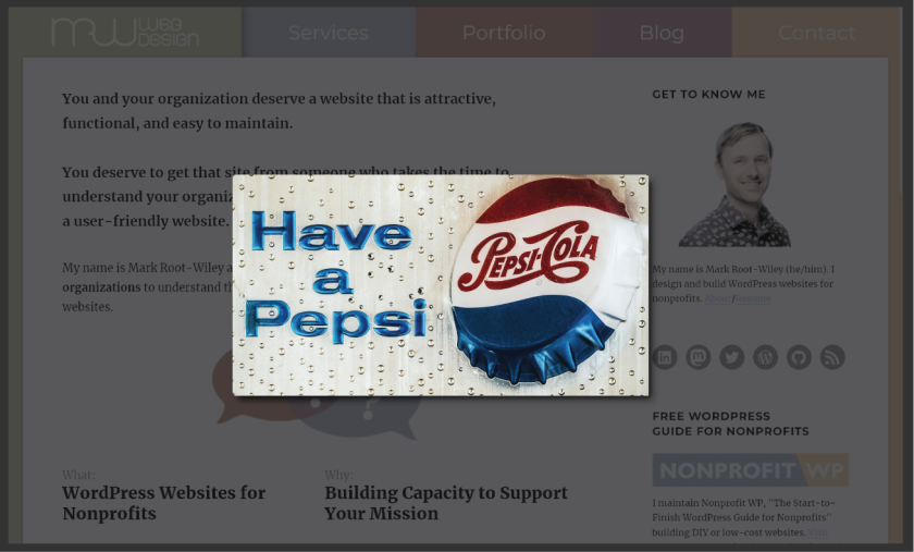 A simulated popup above my homepage containing an old-timey "Have a Pepsi" sign