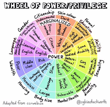 "Wheel of Power/Privilege" hand-drawn graphic shows a pie chart with pastel slices with "Power" in the middle and "Marginalized" on the outside. Each slice represent an identity such as "Body Size" with three levels of rings show groups furthest and closest to power, such as "Large", "Average", and "Slim".