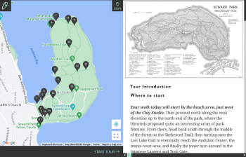 Park tour interface on a landscape orientation screen. The left half of the screen shows a map of Seward park with numerous markers and right half shows a large old map image and tour introduction.