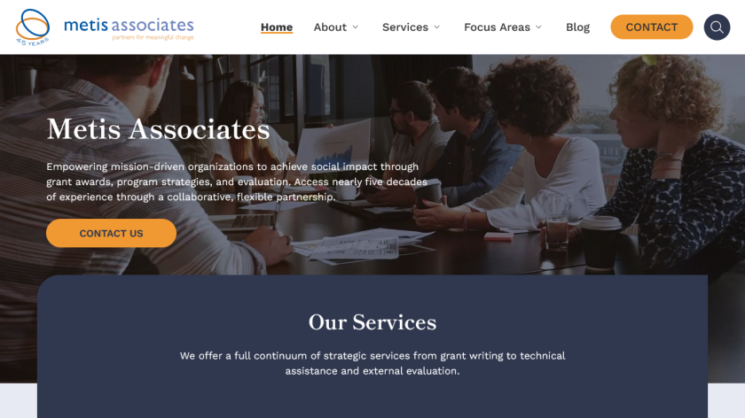 Metis Associates home page with darkened banner image of people in a meeting, intro text with "Contact Us" button and box introducing "Our Services" section