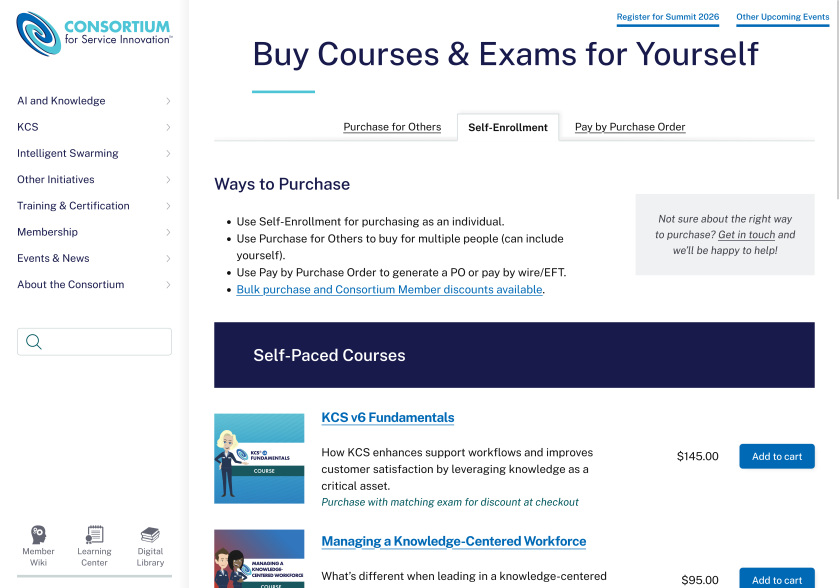 Buy Courses & Exams for Yourself page showing two courses for purchase and ability to scroll down the page for more