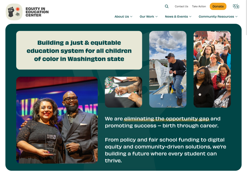 EEC home page with large green banner including the tagline "Building a just & equitable education system for all children of color in Washington state" among 4 images of people working or from the organization