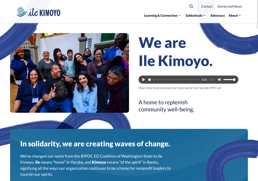 Ile Kimoyo home page covered in blue brush strokes and a photo of smiling people next to "We are Ile Kimoyo"