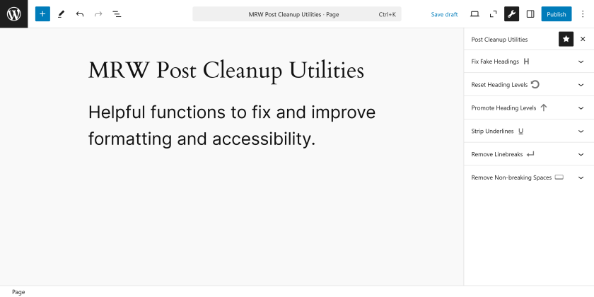 Screenshot of block editor with expanded sidebar showing the plugin features