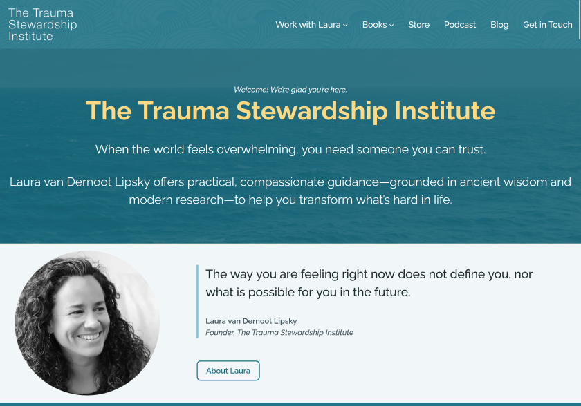 Trauma Stewardship Institute home page is teal and light blue with lots of water motif and large black and white headshot of founder