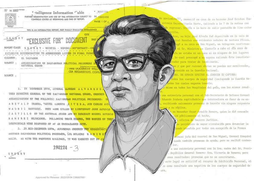 Gray-scale illustration of Efraín Arevalo Ibarra's head and neck, featuring thick rimmed glasses, a thick shirt collar, and a streak of gray in his slicked-back hair. A yellow circle stylistically in the background behind him highlights his head. Scanned documents related to the end of his life make up the background.